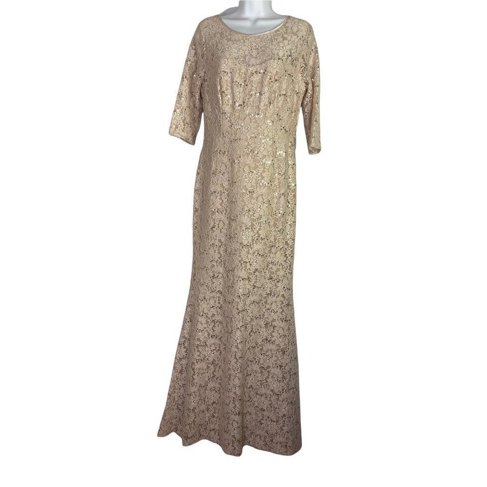 Miss Cristina Womens Lace A Line Dress Beige Floral Stretch 3/4 Sleeve SZ‎ L